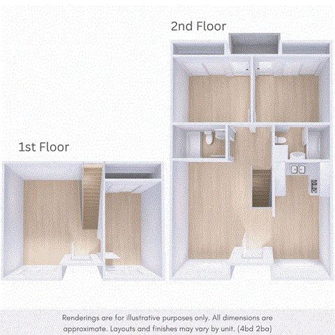 Floor plan for 4 beds, 2 baths, 1350 sqft